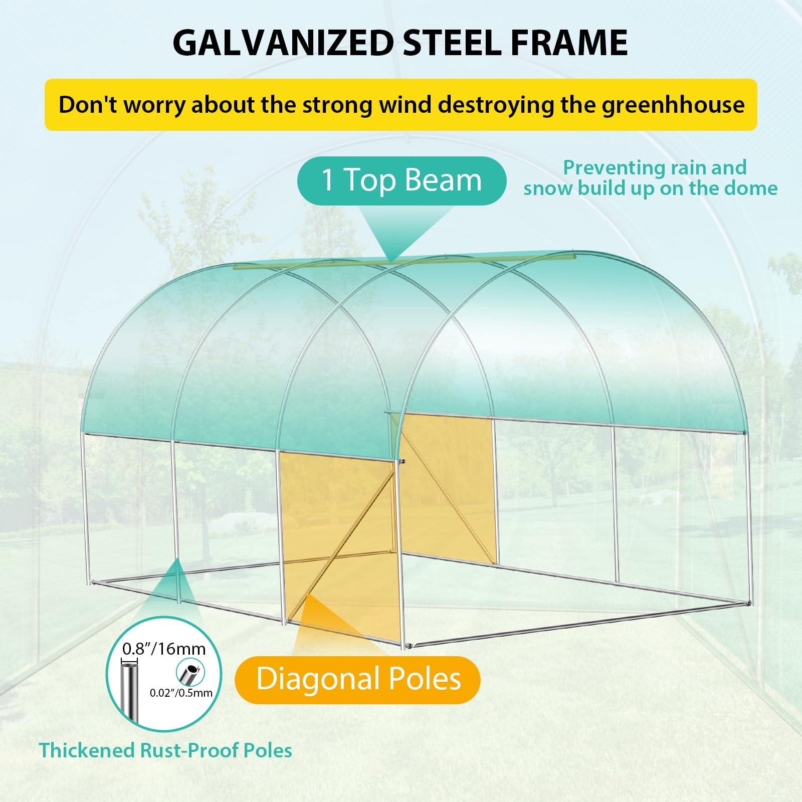 Serre Garvee 2,4 × 3,9 × 2,1 m – Structure en acier galvanisé avec 6 fenêtres et 2 portes zippées, bâche en PE, résistante au vent et aux intempéries, verte