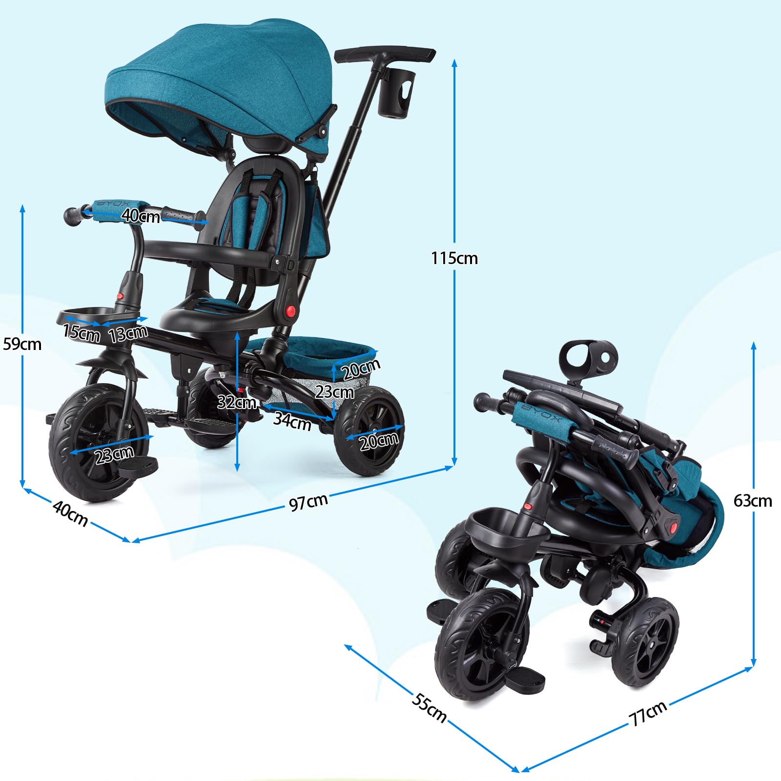 Tricycle enfant Garvee 6 en 1 avec barre de poussée, pliable et pare-soleil, pour enfants de 9 mois à 5 ans, vert