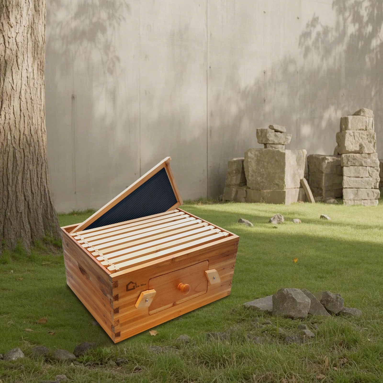 Ruche Garvee Langstroth à 10 cadres, corps de ruche profond, en bois de cèdre, avec fenêtres en acrylique transparent et revêtement 100 % cire d'abeille, idéale pour l'apiculture extérieure.