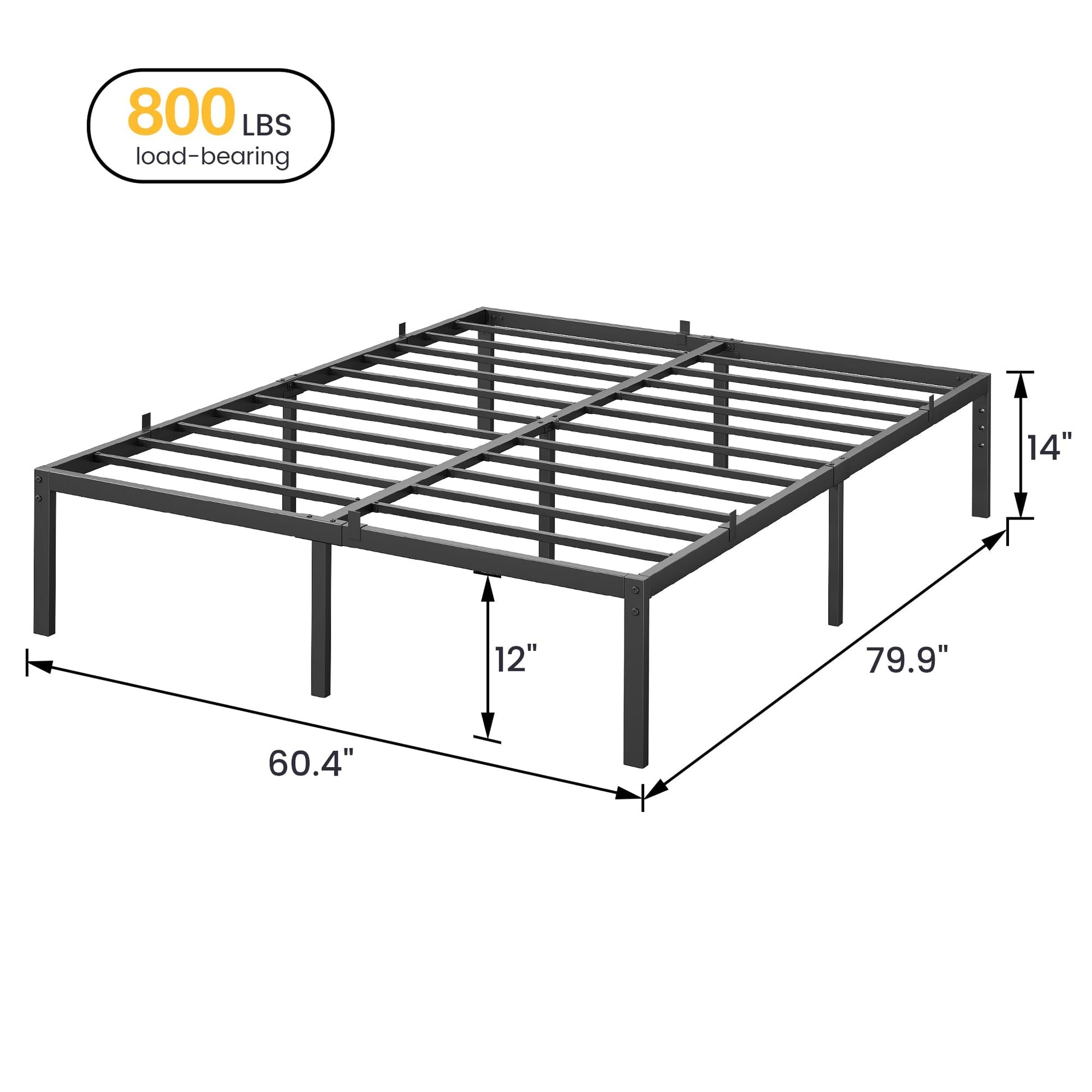 Cadre de lit Garvee Queen en métal de 35,5 cm (14 pouces) avec lattes métalliques robustes pour chambre à coucher, hauteur de 35,5 cm (14 pouces), noir, silencieux, sans sommier requis