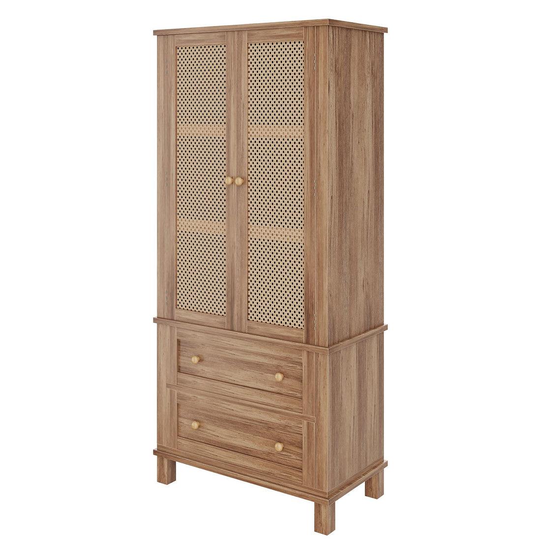 Garvee meuble de rangement de cuisine avec 2 portes en rotin, 2 étagères réglables, hauteur 162,5 cm, en noyer, style campagnard, idéal pour le salon et la salle à manger