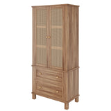 Meuble de rangement de cuisine Garvee avec 2 portes en rotin, 2 étagères réglables, hauteur 162,5 cm, en noyer, style campagnard, idéal pour le salon et la salle à manger.