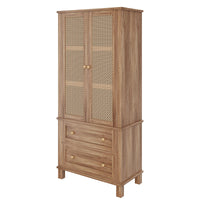 Meuble de rangement de cuisine Garvee avec 2 portes en rotin, 2 étagères réglables, hauteur 162,5 cm, en noyer, style campagnard, idéal pour le salon et la salle à manger.