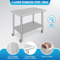 Table de travail Garvee en acier inoxydable – 91 × 61 × 89 cm, avec roulettes et étagère inférieure réglable, robuste et facile à nettoyer