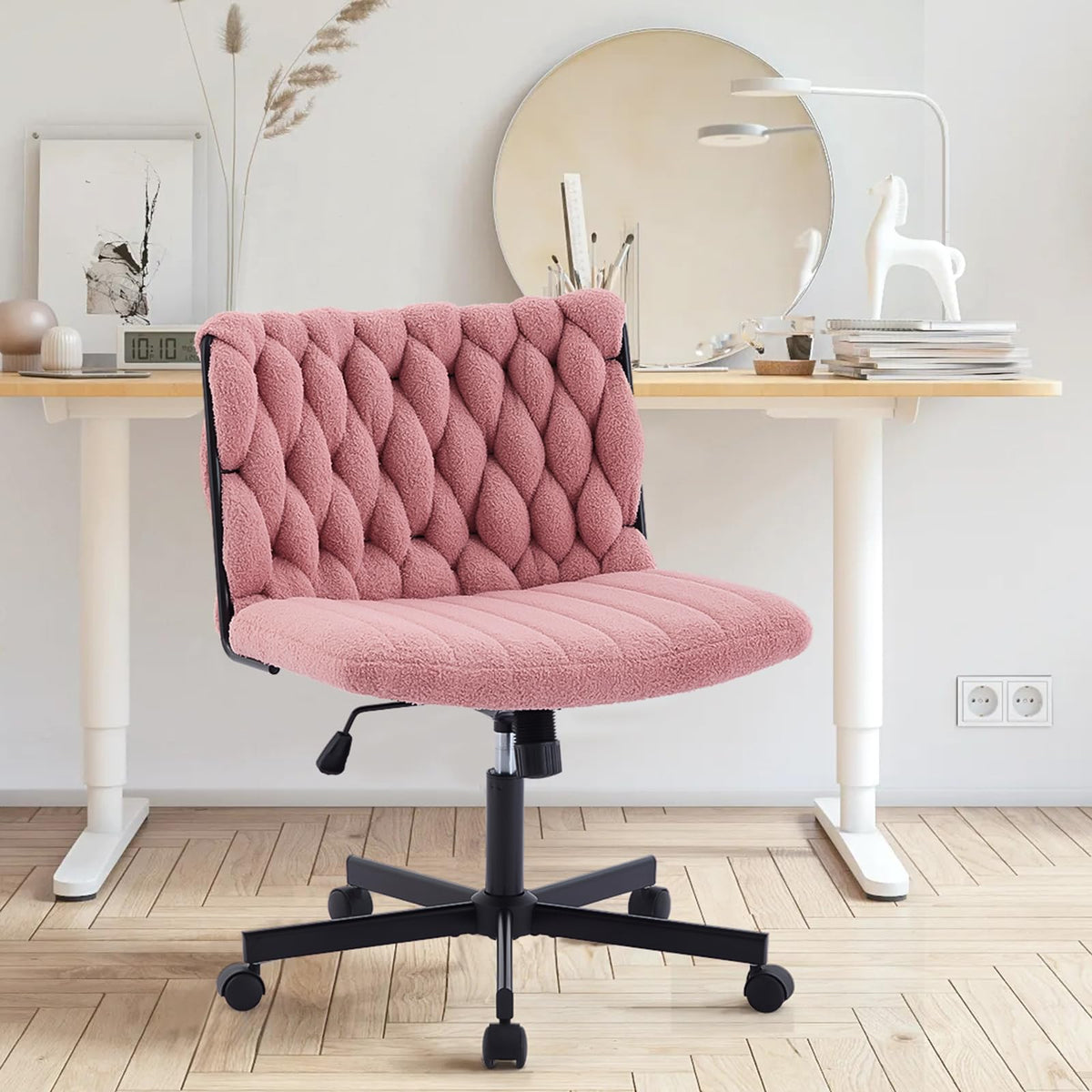 Garvee chaise de bureau criss cross à roulettes, assise large, sans accoudoirs, pivotante, structure en métal, rose, idéale pour le bureau à domicile et la coiffeuse, 66 cm, confortable