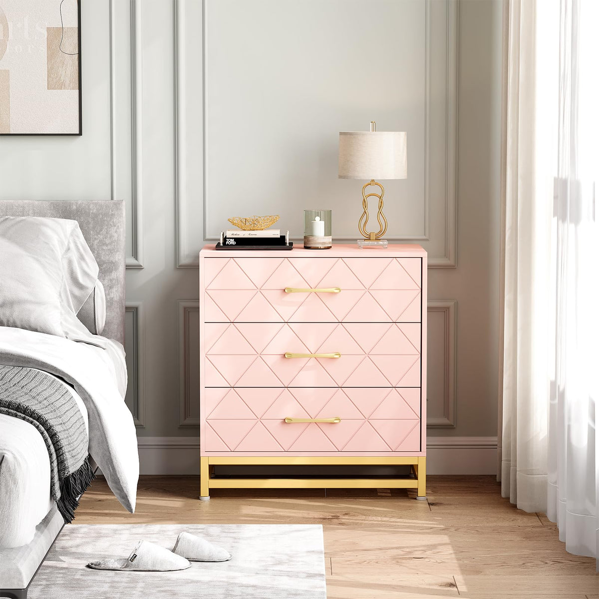 Garvee commode en bois avec 3 tiroirs, espace de rangement, MDF rose, anti-poussière, salon, chambre, entrée, compacte
