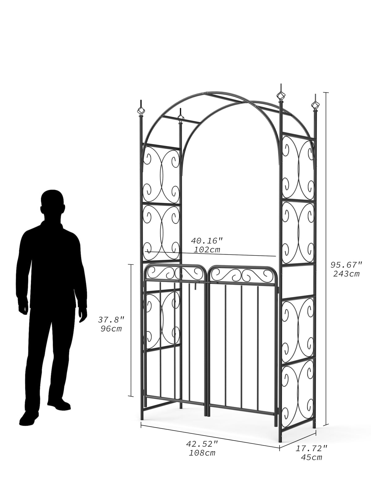 Arche de jardin Garvee de 2,4 m avec portail, métal robuste, résistante aux intempéries, noire, pour mariages et jardins, structure en treillis