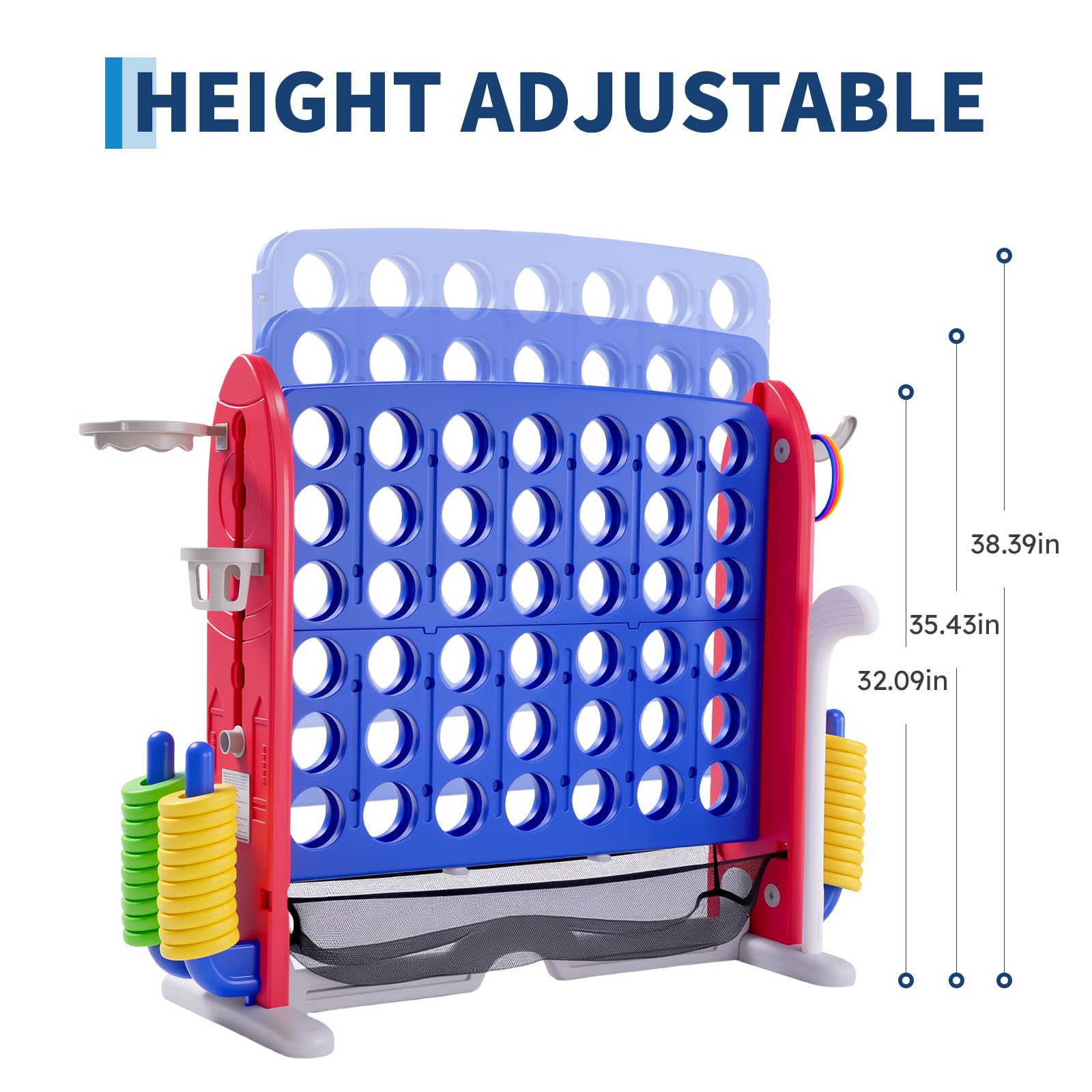 Système de jeu d'extérieur 3-en-1 Garvee Giant 4 Connect in a Row avec panier de basket et jeu de lancer d'anneaux, idéal pour les fêtes de famille, le jardin et la plage. Fabriqué en PE et PP, hauteur réglable et système de fixation rapide.