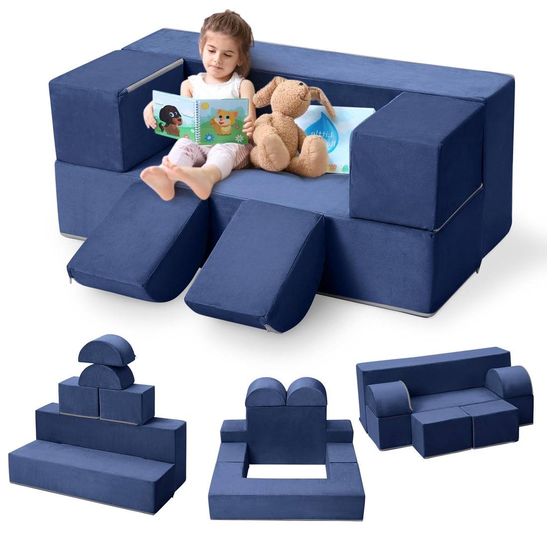 Canapé de jeu Garvee pour enfants, 6 pièces, modulable, bleu marine, revêtement en microfibre douce, mousse haute densité, idéal pour la salle de jeux, 99 x 51 x 41 cm