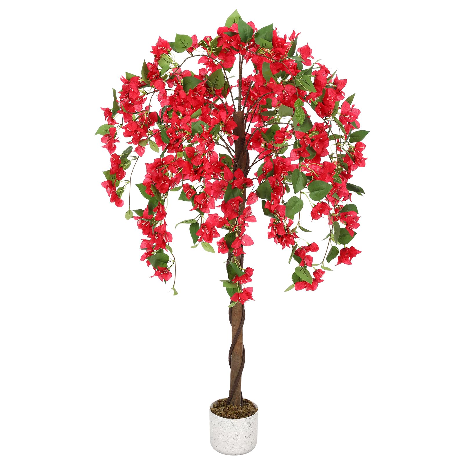 Bougainvillier artificiel Garvee de 1,20 m avec 168 fleurs rouges et tronc naturel, en polyester, facile d'entretien, stable, pot noir, pour salon et bureau
