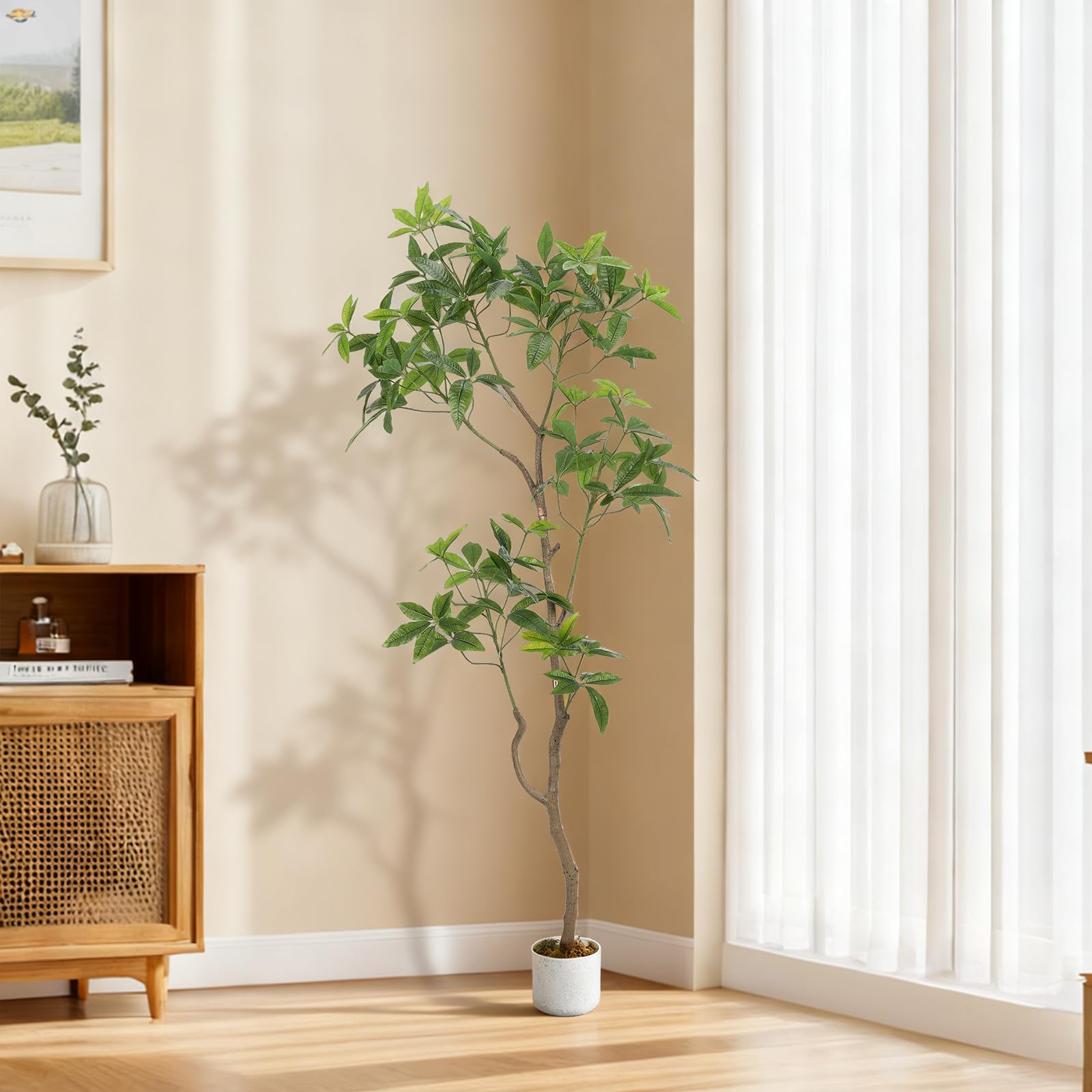 Arbre artificiel Schefflera Garvee de 1,98 m (6,5 pi) avec feuilles et tronc réalistes, idéal pour le salon et le bureau. Facile d'entretien, durable, pré-planté et vert.