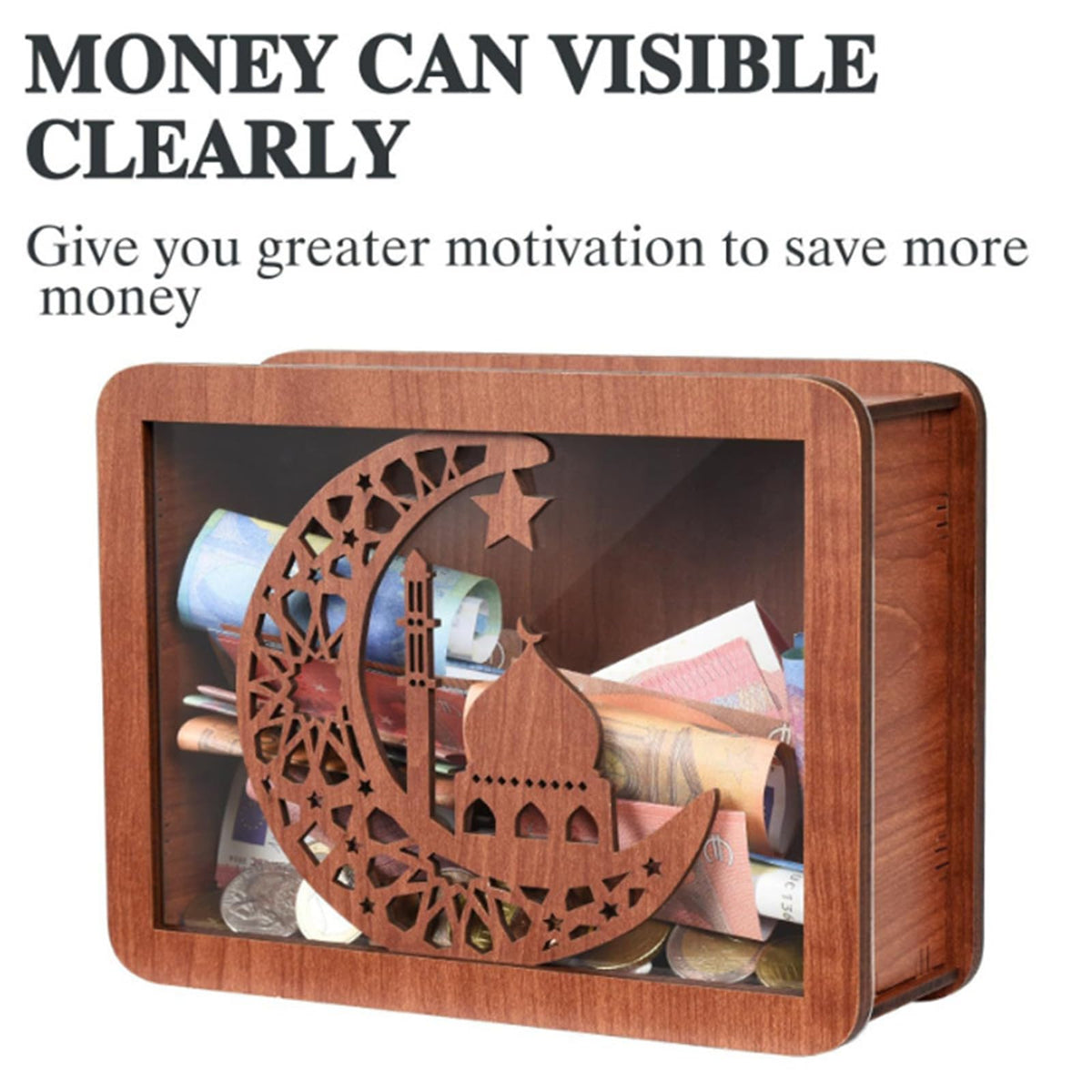 Boîte à monnaie Garvee avec feutre et compteur de pièces, étui en bois et verre pour enfants, 20 x 14,5 x 7,6 cm, durable et réutilisable
