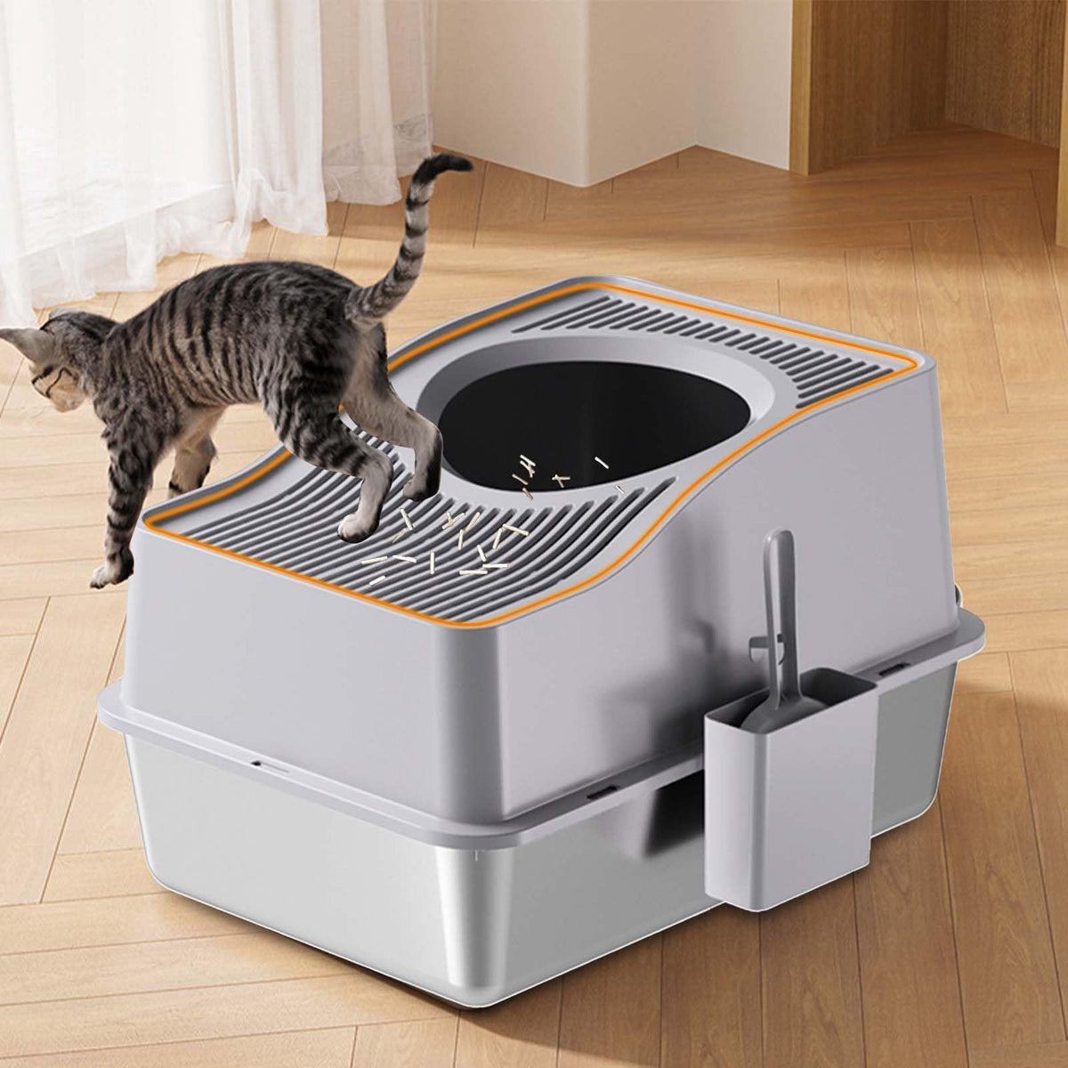 Garvee Bac à litière pour chat x L en acier inoxydable, anti-odeurs et résistant aux griffures, entrée par le haut, antidérapant intérieur/extérieur