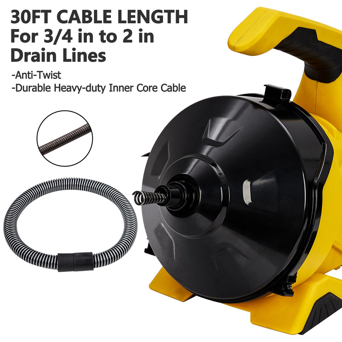 Garvee Déboucheur électrique 9 m x 7,6 mm à avance automatique, pour tuyaux 19–51 mm, câble acier, pédale, éviers, WC et évacuations de sol