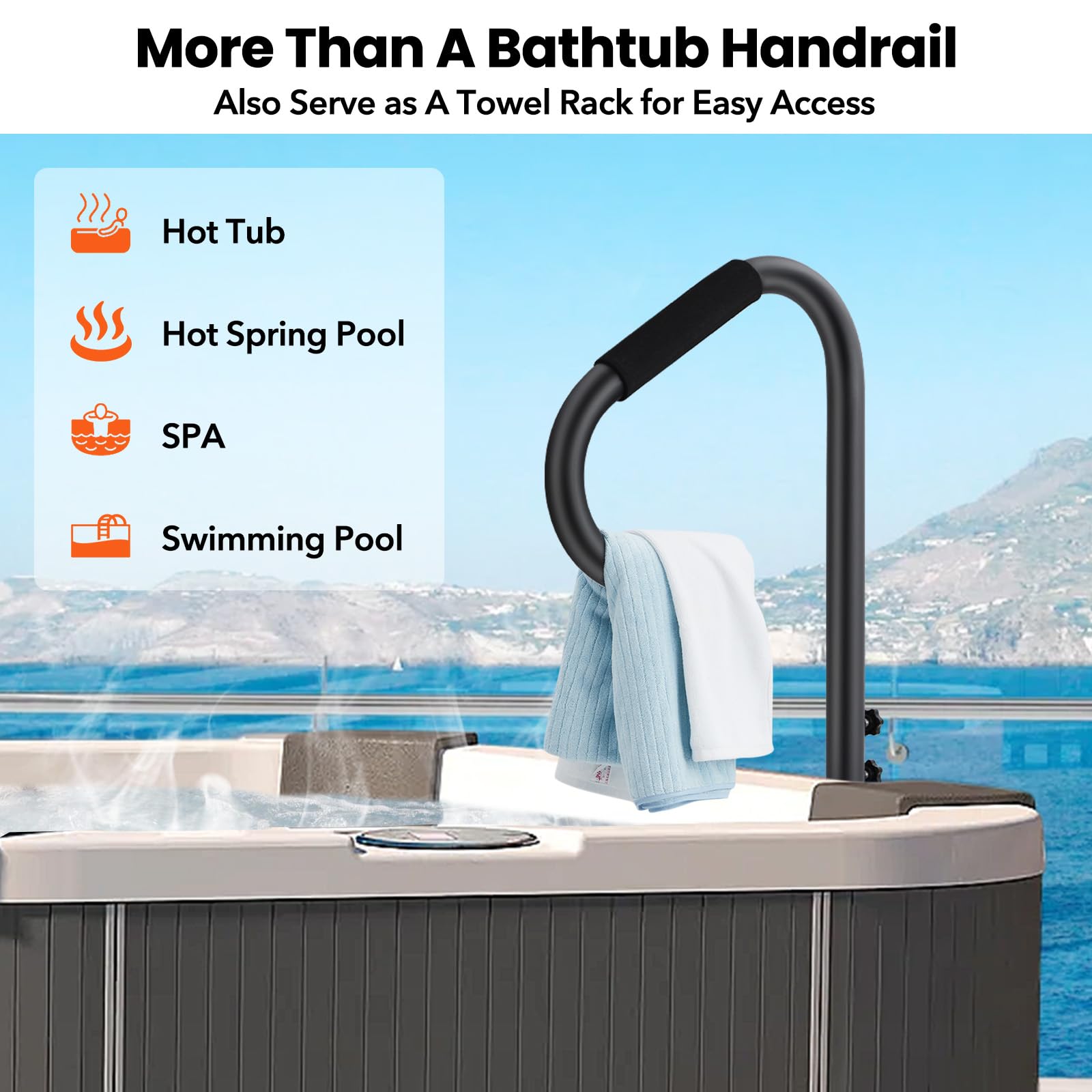 Main courante pour spa Garvee, rotative à 360°, réglable en hauteur de 45 à 120 cm, revêtement antidérapant, acier au carbone, pour une utilisation intérieure et extérieure.