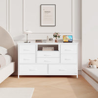 Garvee Meuble TV à 8 tiroirs avec éclairage LED et prise électrique pour salon et chambre, blanc, grand espace de rangement