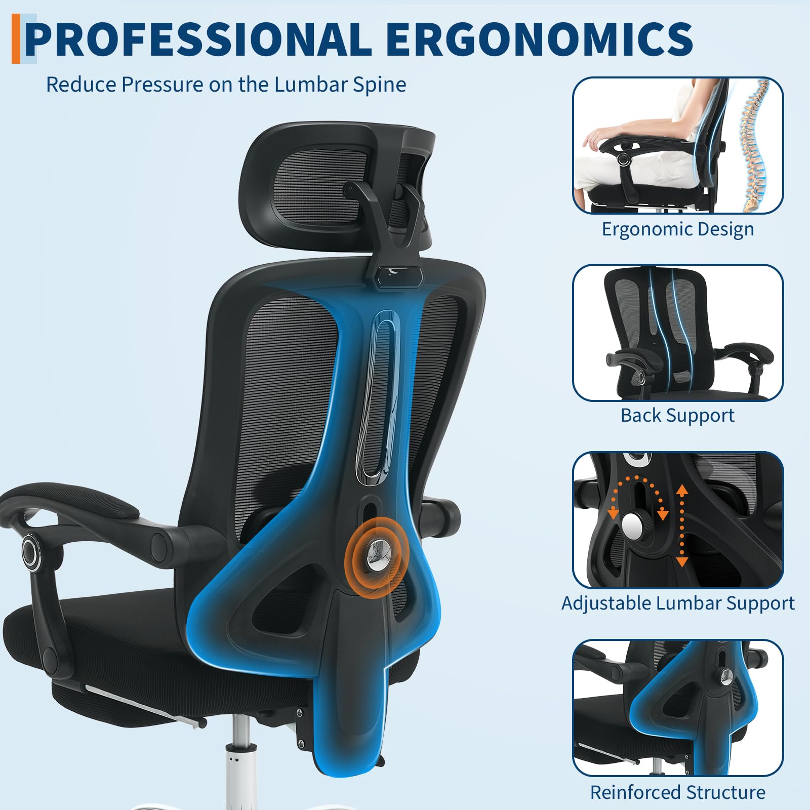 Chaise de bureau ergonomique Garvee en maille avec dossier haut, appui-tête réglable, repose-pieds, hauteur réglable, respirante, roulettes, noire