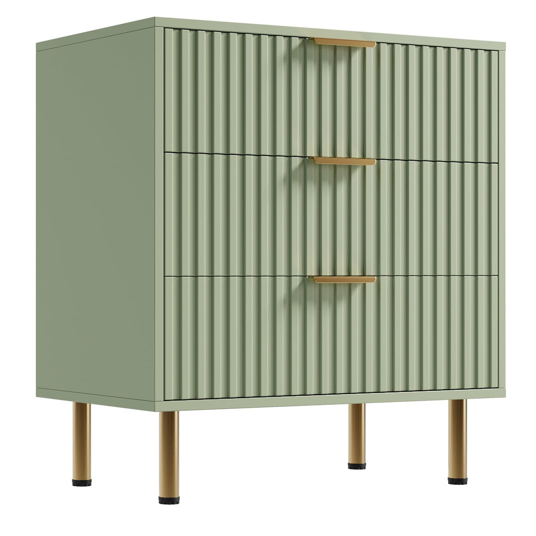 Commode 3 tiroirs verte flûtée en MDF certifié P2, anti-basculement, tiroirs silencieux, pour chambre et salon