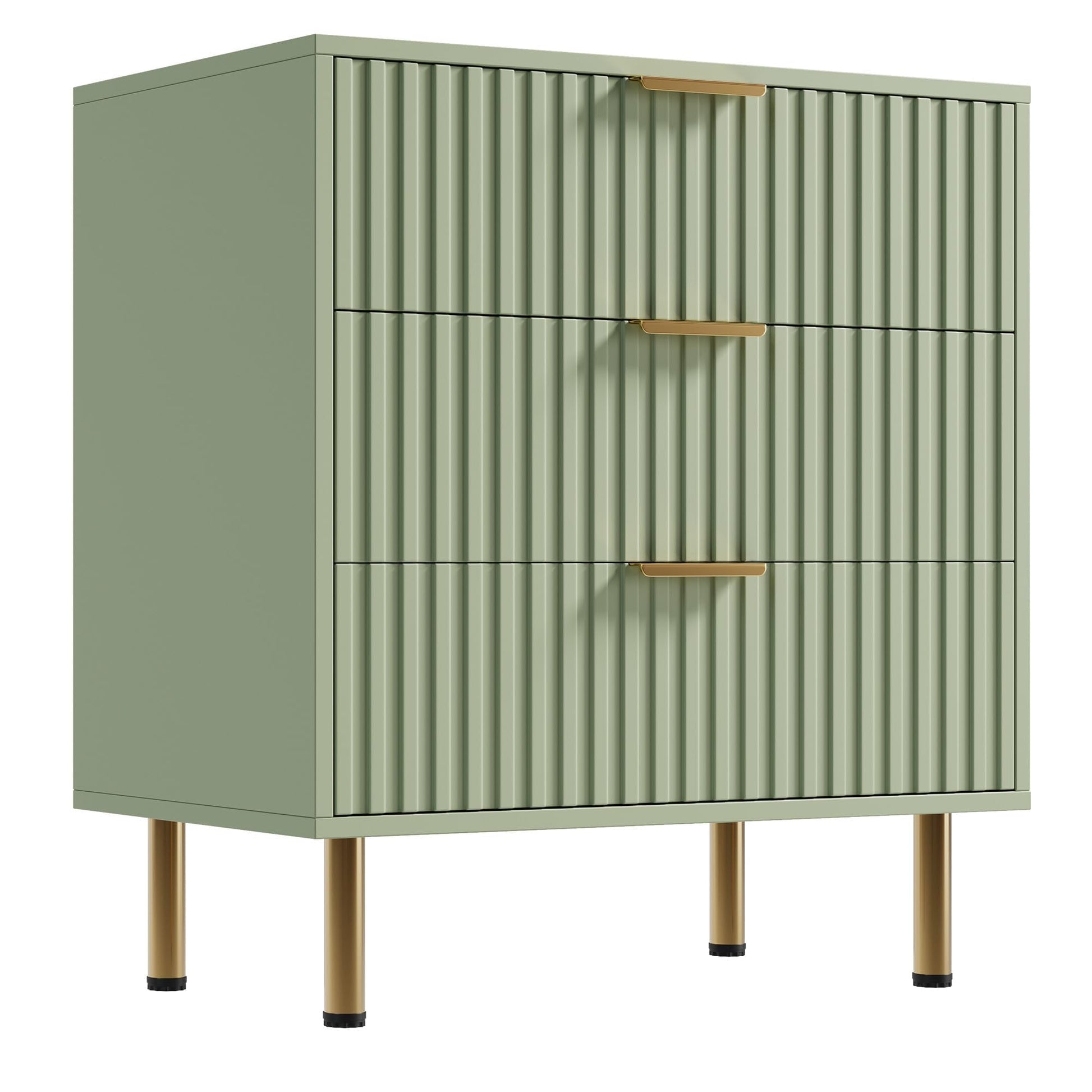 Commode Garvee verte à 3 tiroirs, en bois cannelé moderne, pour chambre et salon, imperméable, sûre et écologique.