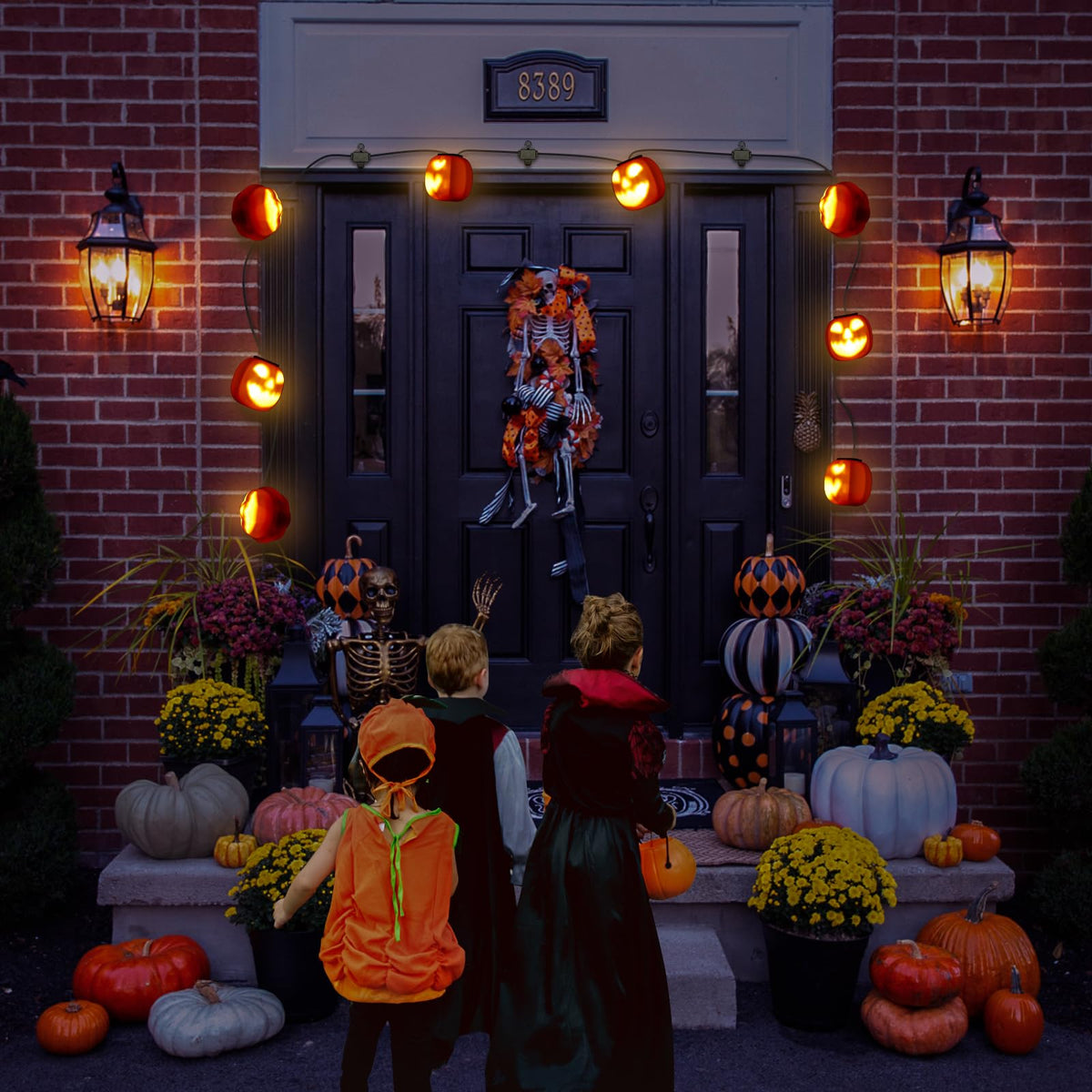 Guirlande lumineuse d'Halloween GARVEE, citrouilles animatroniques, connexion USB-C, 4,5 mètres, orange, idéale pour les fêtes et célébrations familiales en extérieur.