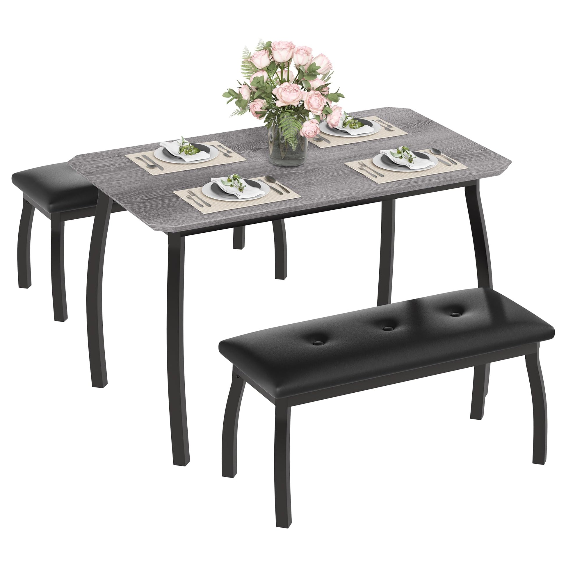 Ensemble de salle à manger rétro Garvee 3 pièces avec design d'angle, 2 bancs rembourrés, structure en métal, cuir PU, gain de place pour les petites pièces