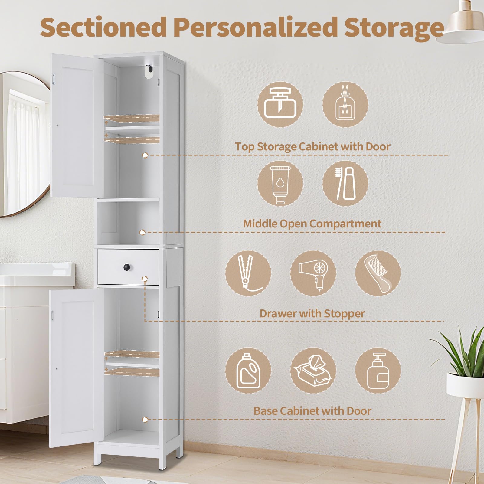 Armoire de salle de bain haute Garvee avec 2 étagères réglables, autoportante, en MDF durable, design blanc moderne, gain de place pour salle de bain et cuisine