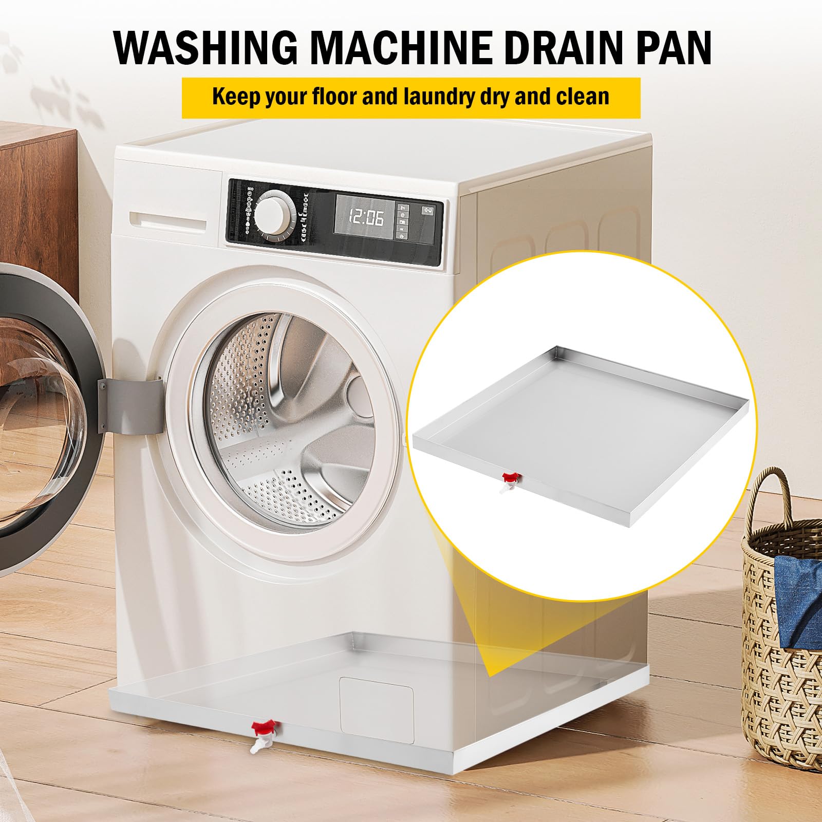 Garvee Bac de récupération pour lave-linge 81 x 76 cm, acier inoxydable 304, avec trou de vidange, adaptateur de tuyau, pieds anti-vibrations, compact et robuste.