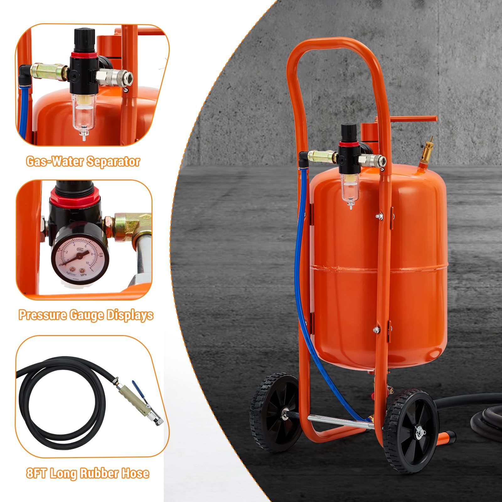 Sableuse Garvee 5 gallons avec 4 buses en céramique, séparateur huile-eau portable pour l'élimination de la rouille, tuyau en acier de 2,4 m.