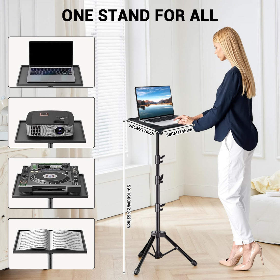 Garvee Support de projecteur avec support pour ordinateur portable réglable en hauteur (66-160cm), trépied en métal robuste, antidérapant et pliable