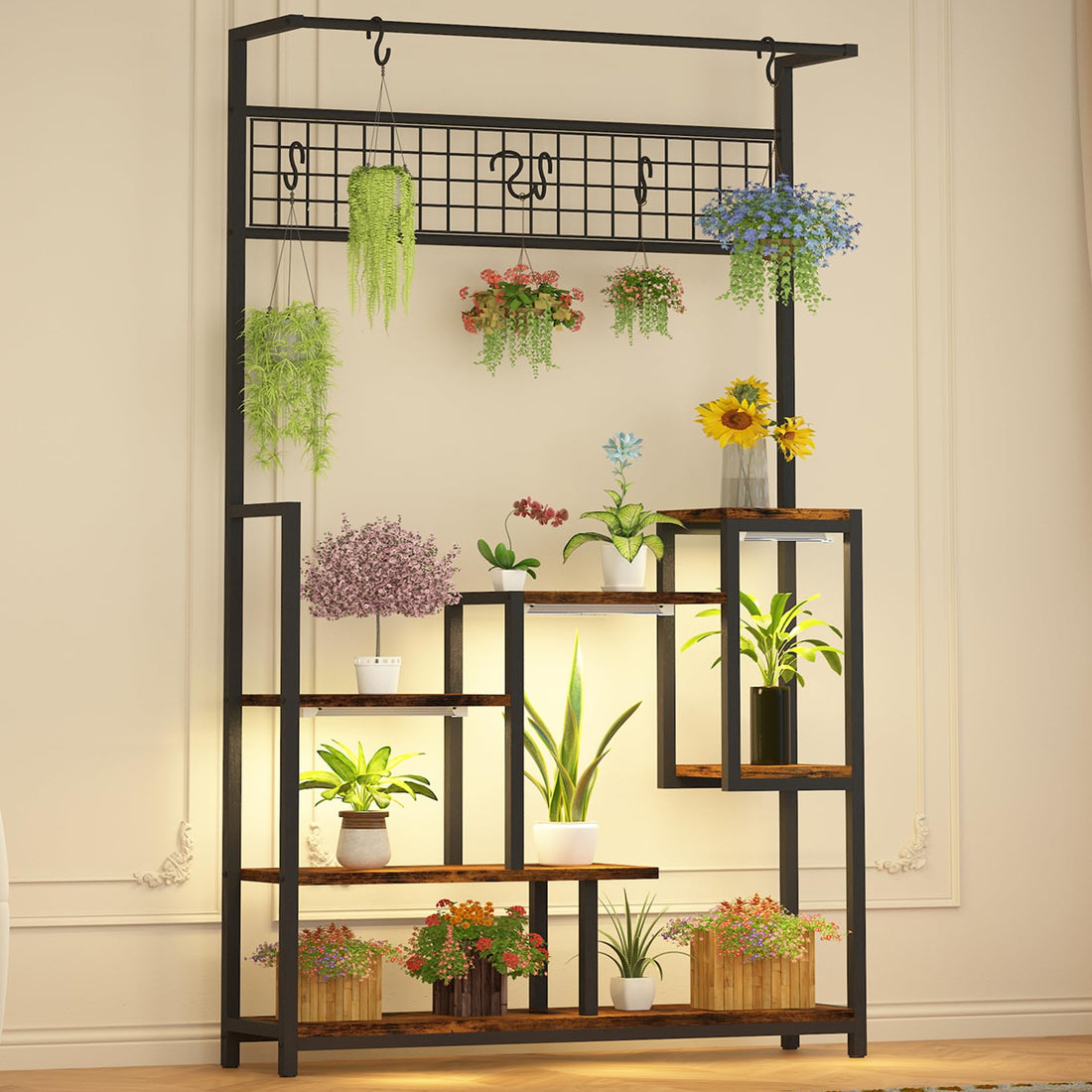 Garvee étagère à plantes avec lampe de croissance, 7 niveaux, en métal robuste, pour balcon et salon, noir