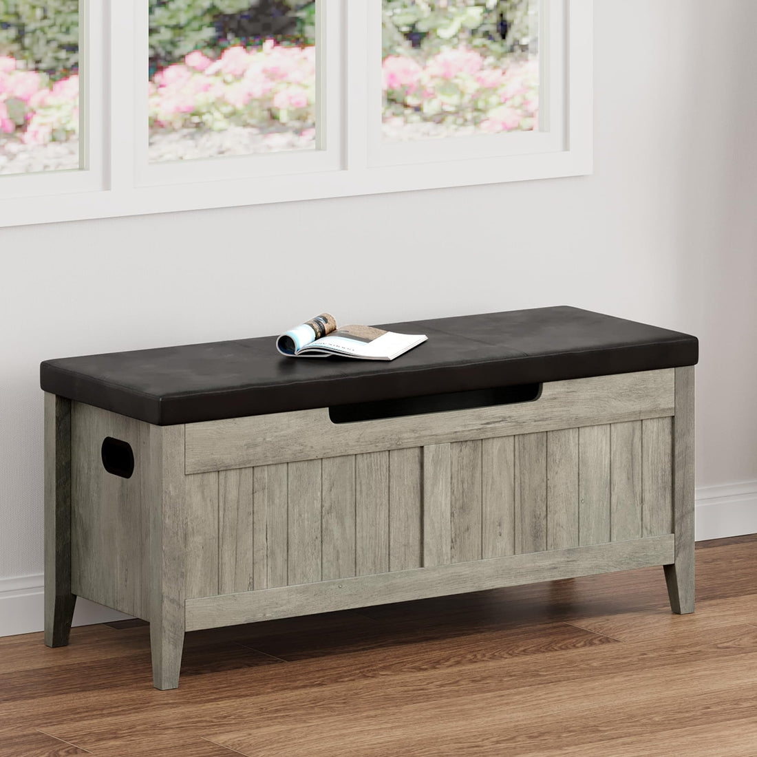 Banc de rangement en bois Garvee avec coussin d'assise, charnières de sécurité, capacité de charge de 118 kg (260 lb) pour salon et chambre, 100 cm (39,4 po) L x 40 cm (15,7 po) l x 48 cm (18,9 po) H, bois aggloméré, beige