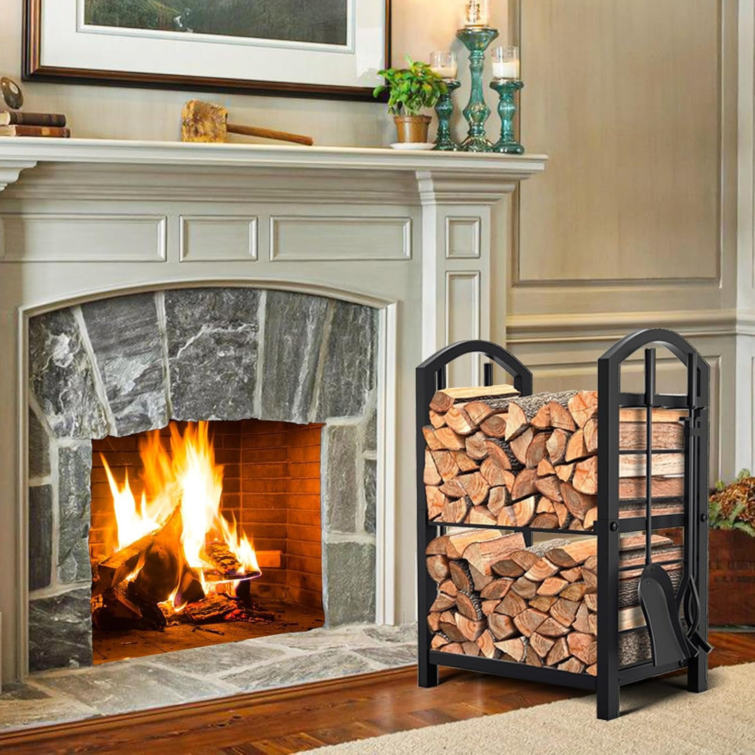 Étagère en bois Garvee pour usage intérieur et extérieur avec accessoires de cheminée, 40 x 30 x 75 cm, noire, résistante