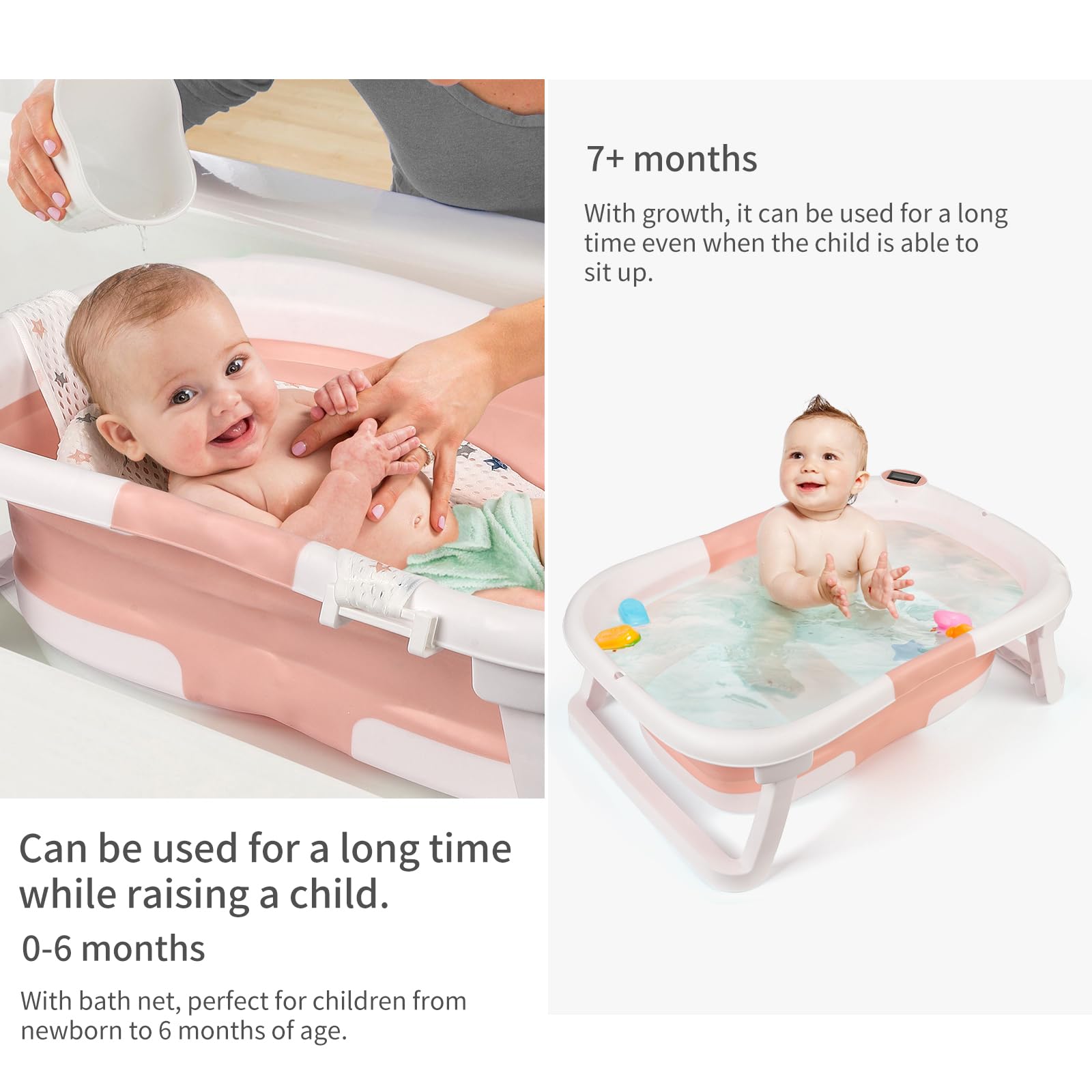 Baignoire bébé GARVEE, pliable et peu encombrante, avec thermomètre et tapis antidérapant pour nouveau-nés et jeunes enfants, rose