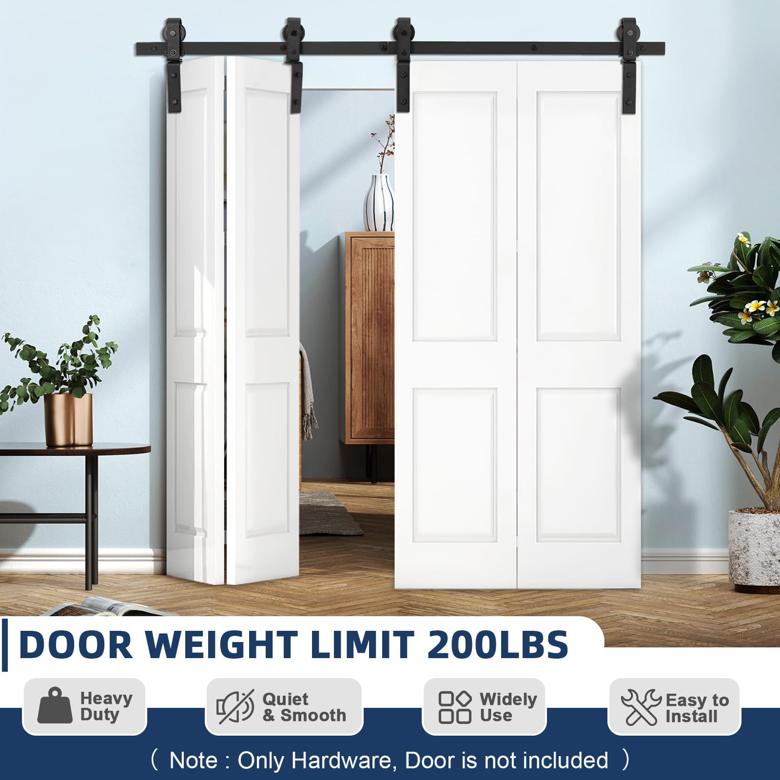 Ensemble de quincaillerie pour porte coulissante pliante Garvee 72 po, capacité de charge de 400 lb, roulements à billes silencieux, acier, gain de place, 4 portes, pour usage résidentiel et agricole