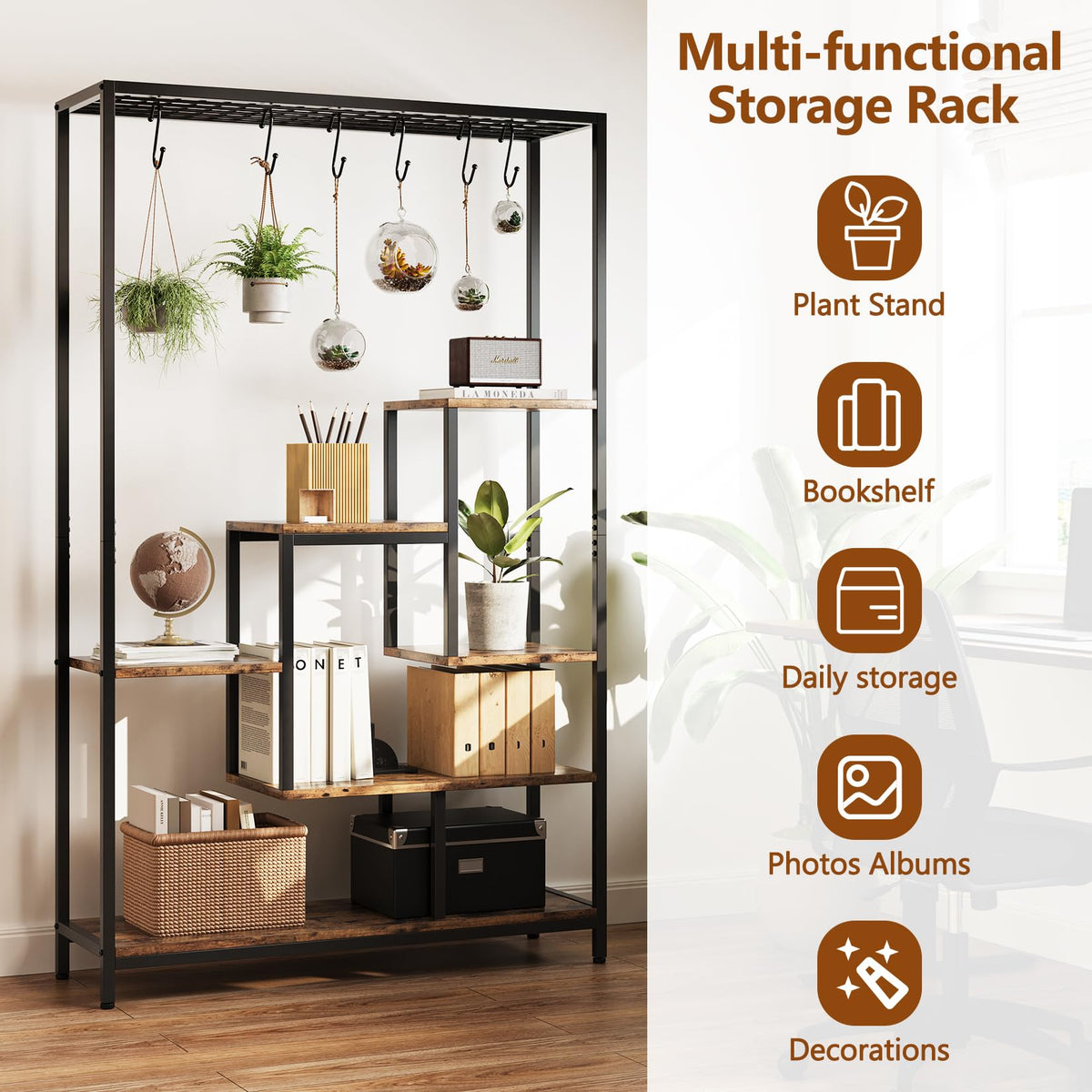 Garvee Support pour plantes d'intérieur, structure métallique à 5 niveaux avec crochets pour balcon et salon, 180 cm (70, 23 cm), marron