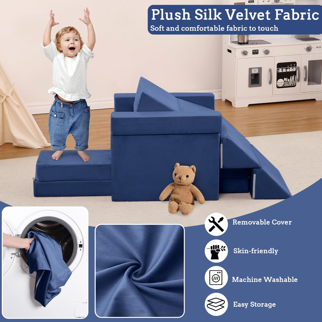 Garvee Canapé modulable enfant type Nugget, 12 pièces multifonctions, sûr et confortable, bleu marine, idéal pour salle de jeux et chambre d’enfant