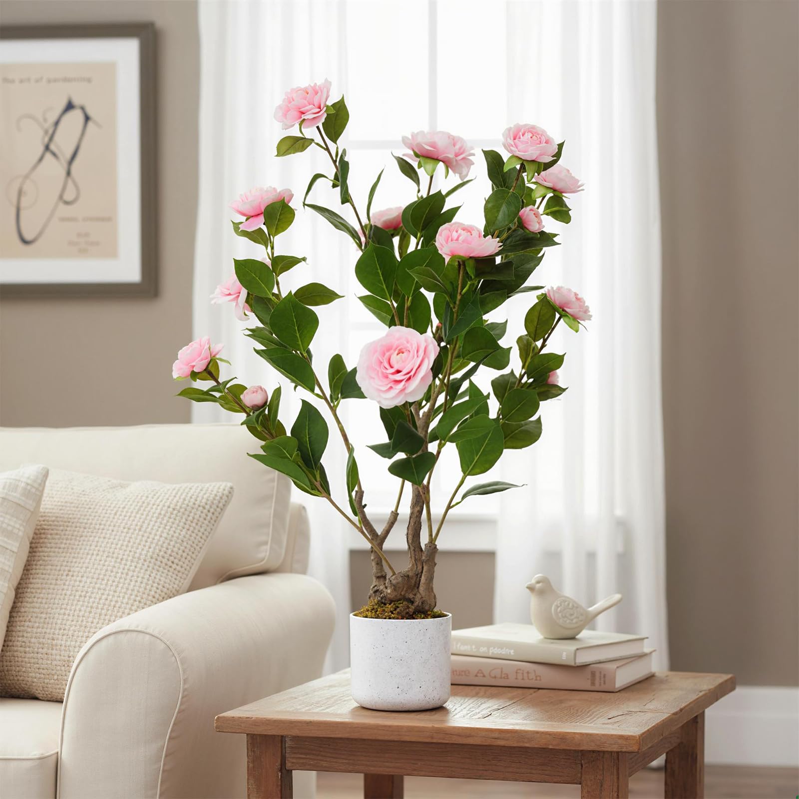 Camélia artificiel Garvee de 76 cm avec 16 fleurs roses, facile d'entretien, en polyester et PEVA, pot blanc pour la maison et le bureau