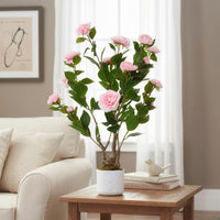 Camélia artificiel Garvee de 76 cm avec 16 fleurs roses, facile d'entretien, en polyester et PEVA, pot blanc pour la maison et le bureau