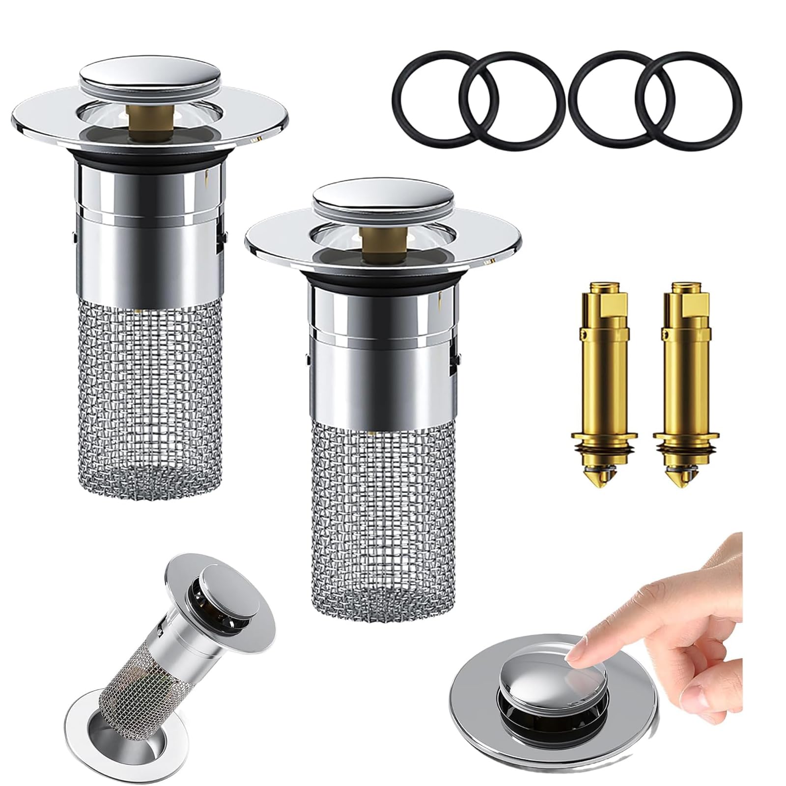 Garvee Lot de 2 Bouchons de Lavabo en Acier Inoxydable, Noyau en Cuivre, Filtre Anti-Bouchage avec Panier Amovible, Compatible Lavabos Standards, Argenté, en Boîte