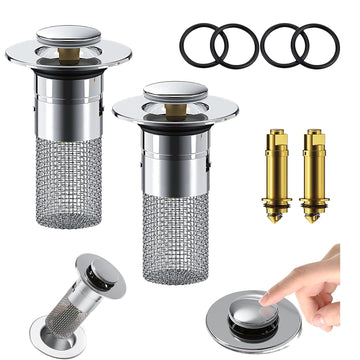 Garvee Lot de 2 Bouchons de Lavabo en Acier Inoxydable, Noyau en Cuivre, Filtre Anti-Bouchage avec Panier Amovible, Compatible Lavabos Standards, Argenté, en Boîte
