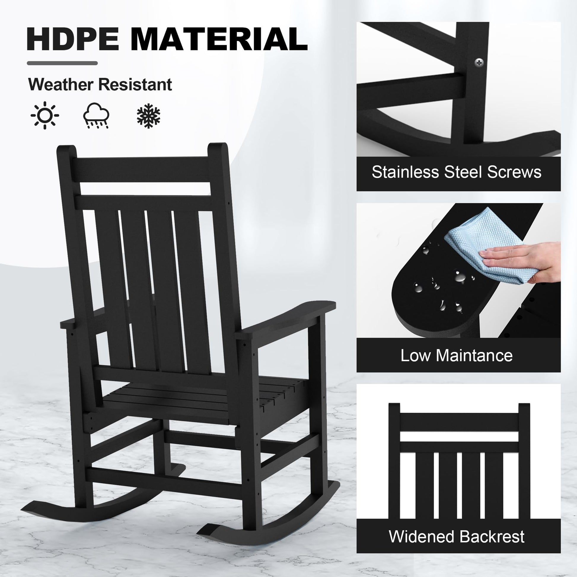 Garvee Fauteuil à bascule d’extérieur en HDPE noir, assise large avec accoudoirs spacieux, résistant aux intempéries, pour jardin et porche