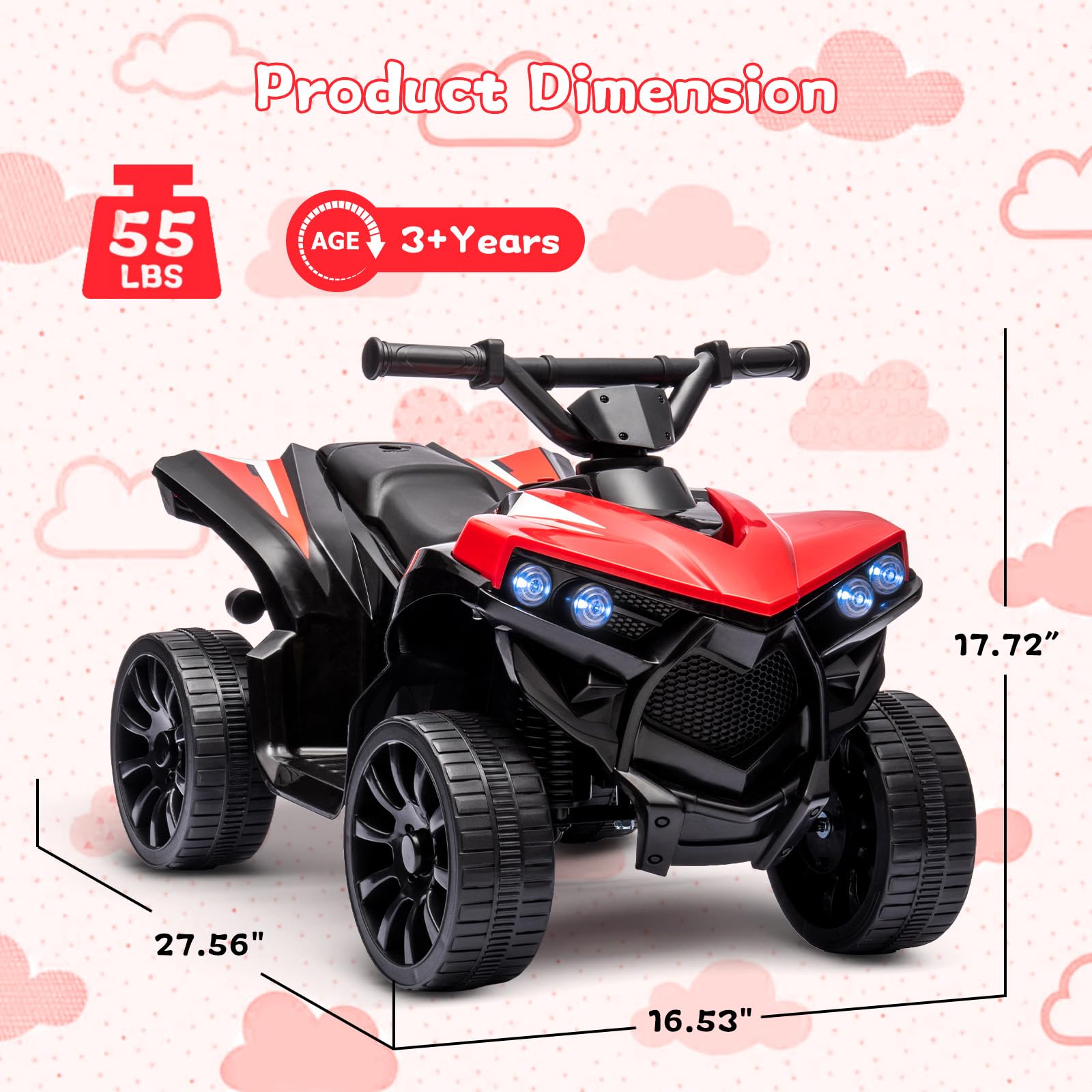 Garvee Quad électrique 6 V pour enfant avec LED, musique et conduite sécurisée, rouge, dès 3 ans