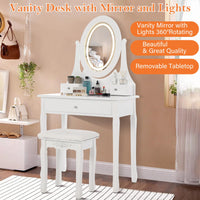 Coiffeuse Garvee avec miroir ovale et éclairage LED, 5 tiroirs, bois, pivotante à 360°, blanche, chambre moderne