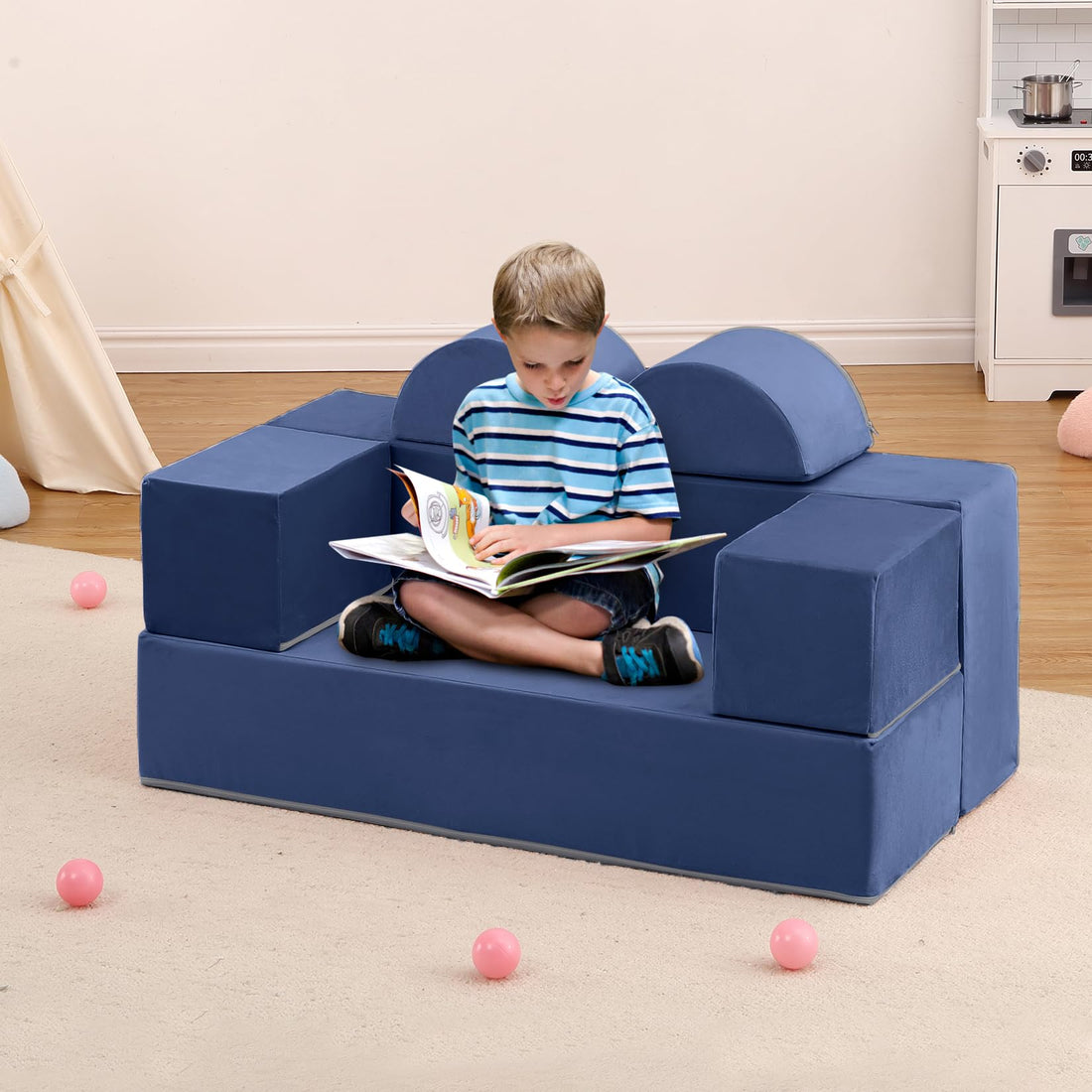 Garvee Canapé de jeu pour enfants, 6 pièces, modulable, bleu marine, revêtement en microfibre douce, mousse haute densité, idéal pour la salle de jeux, 2, 51 × 1, 3 × 1, 04 mcm