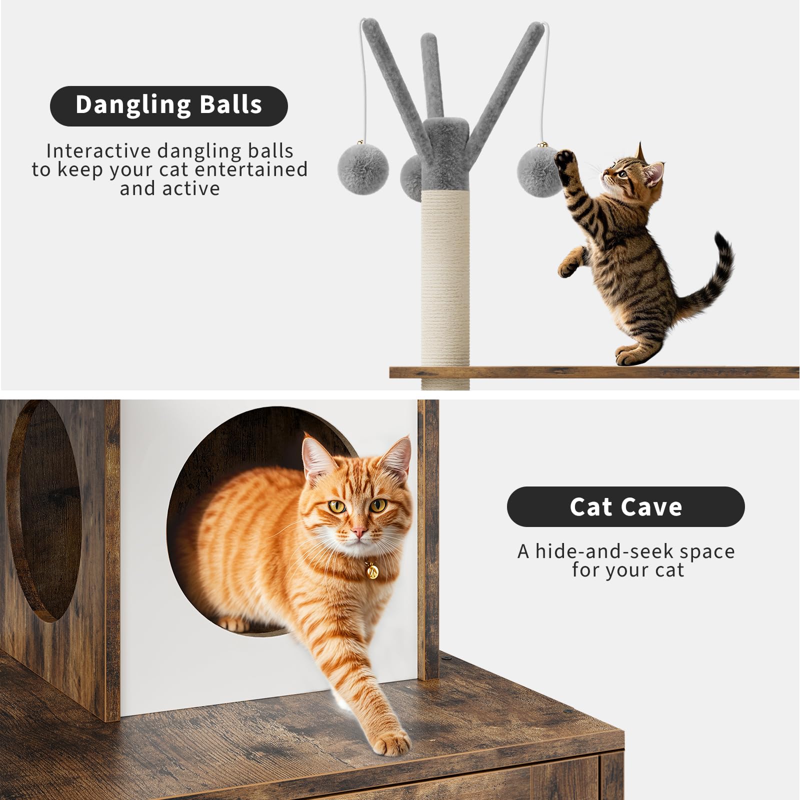 Arbre à chat Garvee 146 cm avec bac à litière intégré, maison pour chat 2 en 1, bois MDF, style moderne, gris et chêne.
