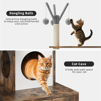 Arbre à chat Garvee 146 cm avec bac à litière intégré, maison pour chat 2 en 1, bois MDF, style moderne, gris et chêne.