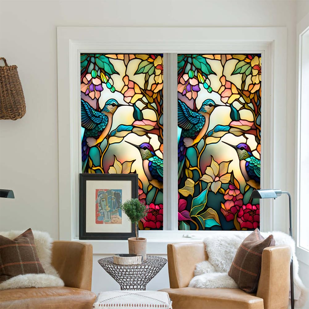 Film de protection solaire Garvee pour fenêtres, style rétro, en PVC auto-adhésif, motif colibri et fleurs, 60 x 100 cm.