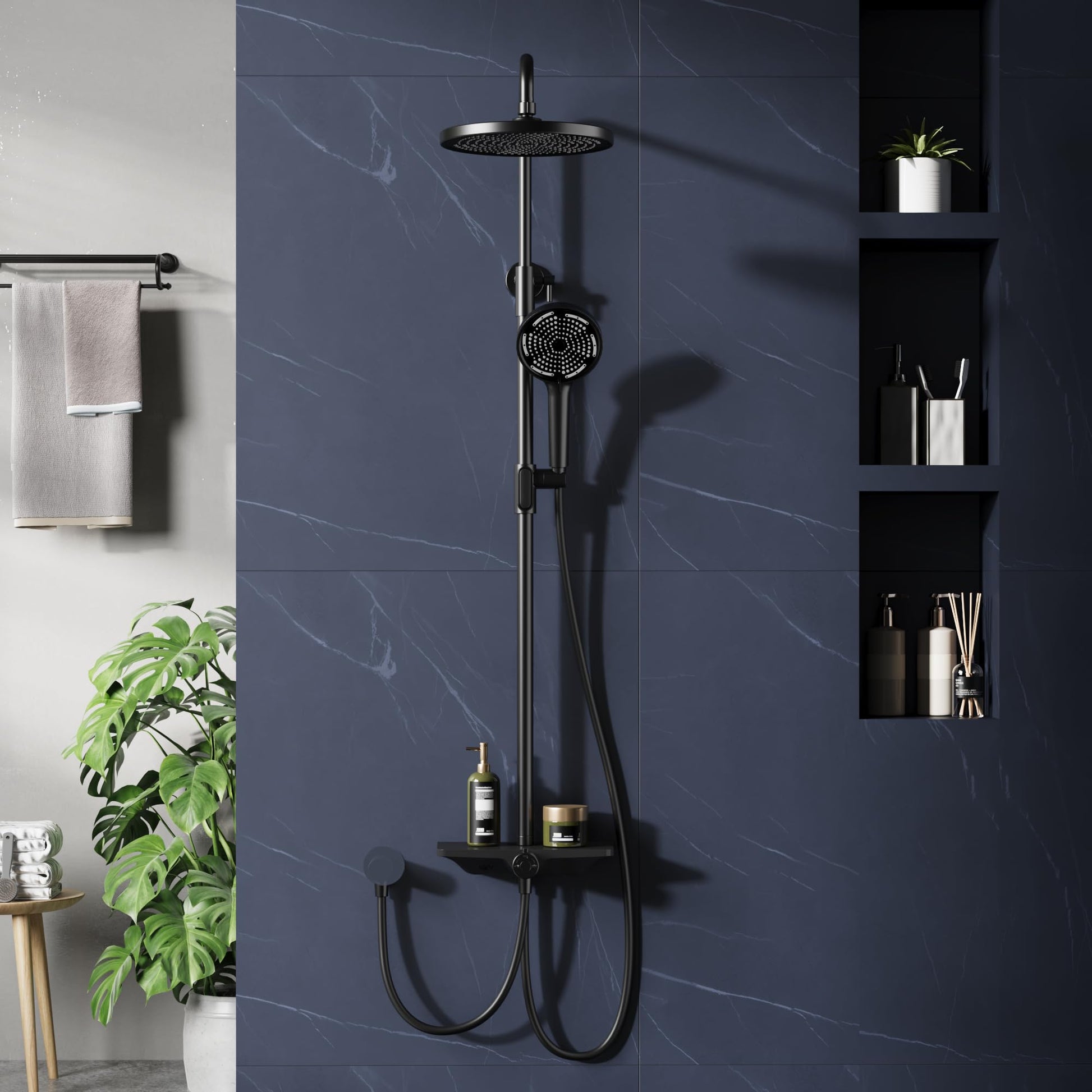 Garvee Colonne de douche réglable 3 sections en acier inoxydable 201, pommeau 24,5 cm, douchette 3 jets, design concave en TPR, noir, salle de bain moderne