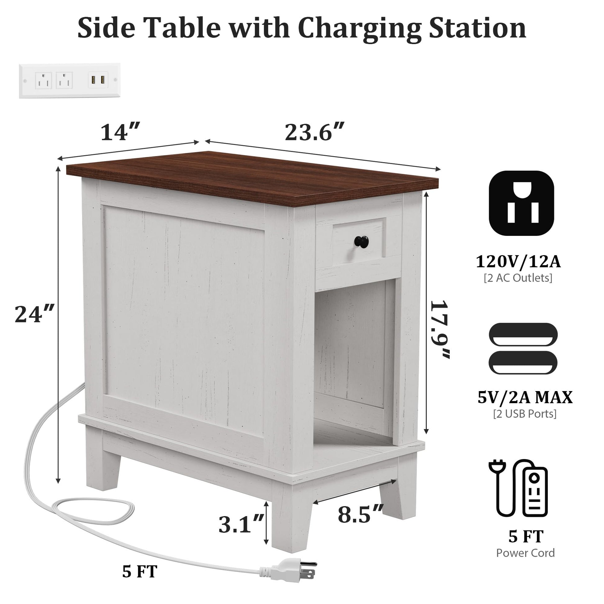 Garvee table d'appoint étroite avec station de charge, 2 ports USB et 2 ports secteur, en MDF, elle est disponible en plusieurs coloris de bois