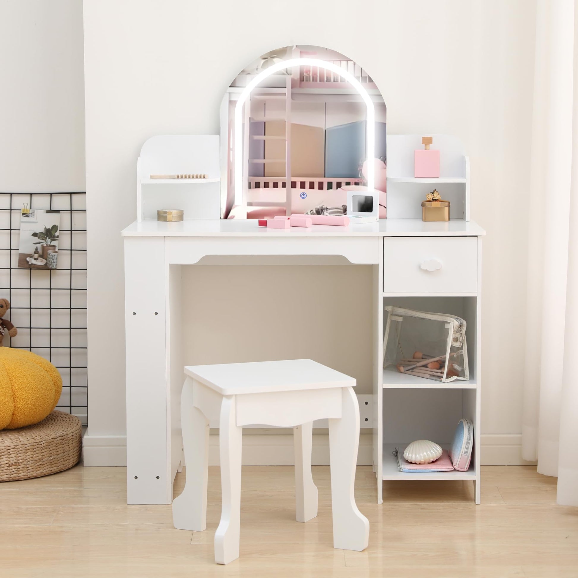 Coiffeuse Garvee pour enfants avec miroir lumineux, table de toilette et tabouret 2 en 1, MDF, lumière LED, espace de rangement pour filles de 3 à 9 ans, chambre et salle de jeux, blanc